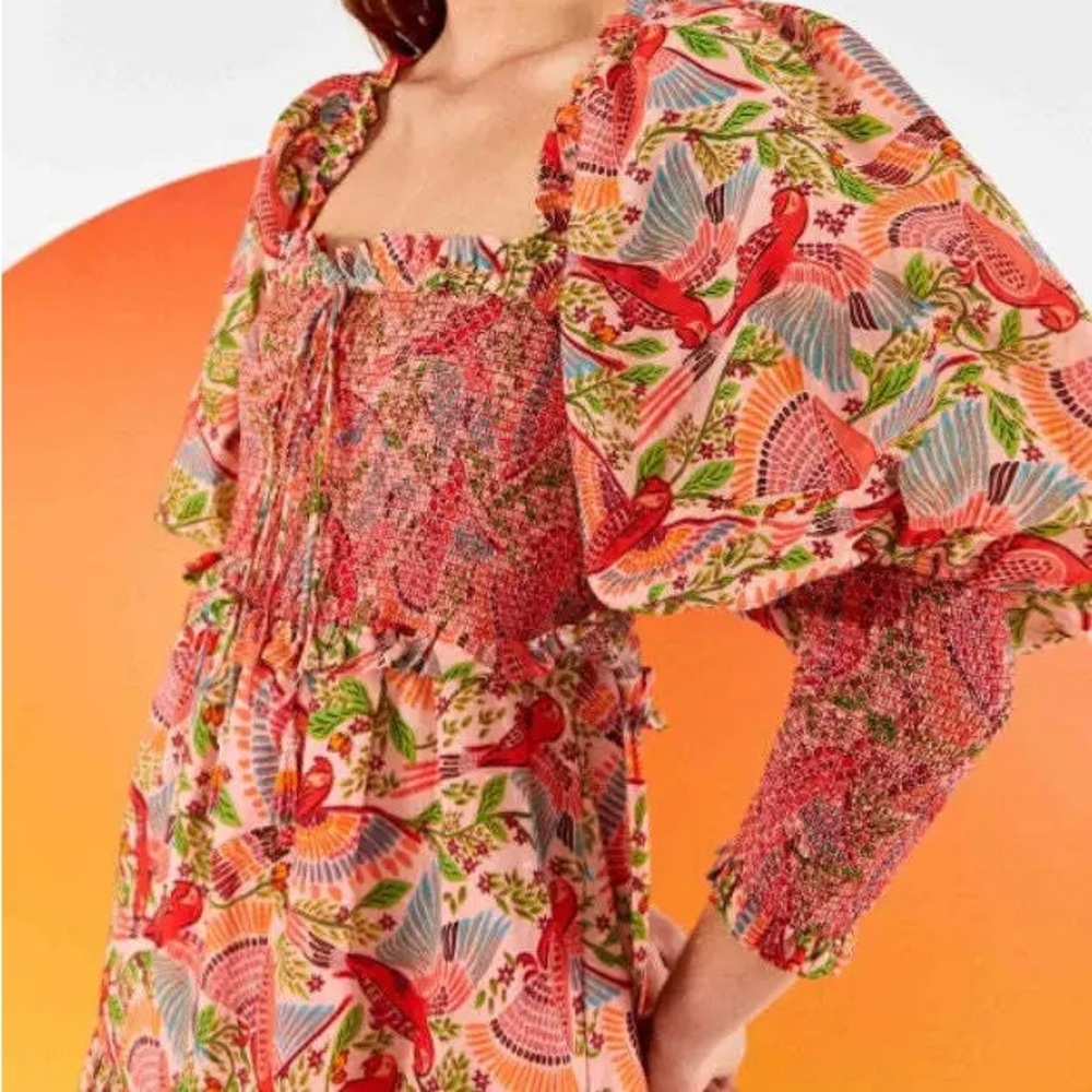 FARM RIO - Pink macaw flight smocked top midi dress pink macaw flight